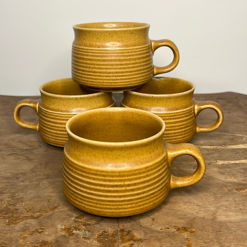 Vintage Stoneware Coffee Mugs - Set of 4, Brown